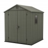 Casuta de gradina, Keter, verde maslin, 6x6, colectie Darwin, cu usa dubla, cu podea, cu ventilatie, cu ranforsare metalica Usa dubla, Sistem de inchidere, Ventilatie, Evotech, Darwin