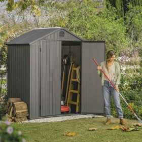Casuta de gradina, Keter, Gri, 6x4, colectie Darwin, cu usa dubla, cu podea, cu ventilatie, cu ranforsare metalica
