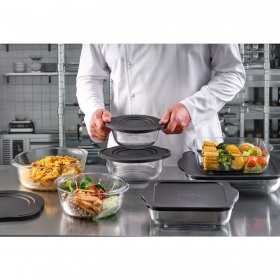 Vas rectangular din sticla termorezistenta cu capac plastic negru Pasabahce Borcam 1080 ml