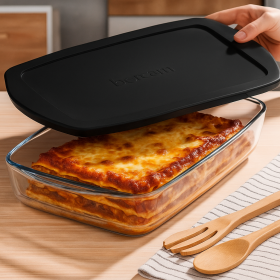 Vas rectangular din sticla termorezistenta cu capac plastic negru Pasabahce Borcam 3850 ml