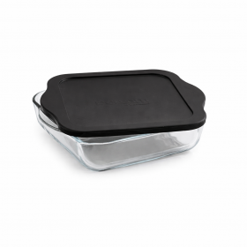 Vas rectangular din sticla termorezistenta cu capac plastic negru Pasabahce Borcam 2000 ml