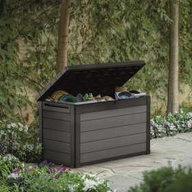 Cufar depozitare gradina, pentru unelte, perne si accesorii, cu capac si manere, material plastic, gri, Keter Cortina, rezistenta UV, 380 L