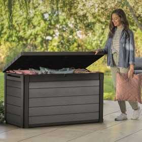 Cufar depozitare gradina, pentru unelte, perne si accesorii, cu capac si manere, material plastic, gri, Keter Cortina, rezistenta UV, 380 L