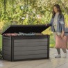 Cufar depozitare gradina, pentru unelte, perne si accesorii, cu capac si manere, material plastic, gri, Keter Cortina, rezistenta UV, 380 L 