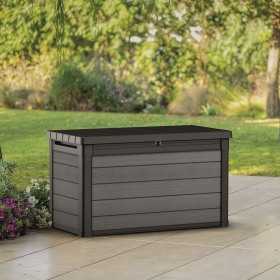 Cufar depozitare gradina, pentru unelte, perne si accesorii, cu capac si manere, material plastic, gri, Keter Cortina, rezistenta UV, 380 L