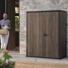 Dulap exterior gradina, din compozit DecoCoat, pentru unelte si accesorii, maro, 2 rafturi, Keter Signature, 140 x 736 x 1704 cm, cu podea, 2 usi, 1400 L, rezistent la intemperii