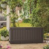 Cutie depozitare pentru terasa si gradina, pentru unelte si jucarii, cu capac, material polipropilena rezistenta UV, culoare maro, manere, Keter Kentwood 350 L 