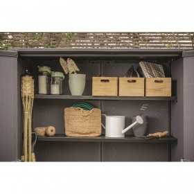 Dulap exterior gradina, din compozit DecoCoat, pentru unelte si accesorii, maro venetian, 2 rafturi, Keter Signature, 140 x 736 x 1704 cm, cu podea, 2 usi, 1400 L, rezistent la intemperii