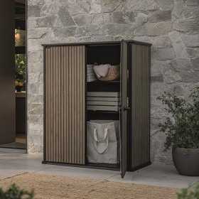 Dulap exterior gradina, din compozit DecoCoat, pentru unelte si accesorii, maro venetian, 2 rafturi, Keter Signature, 140 x 736 x 1704 cm, cu podea, 2 usi, 1400 L, rezistent la intemperii