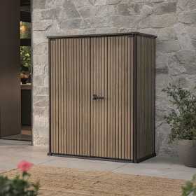 Dulap exterior gradina, din compozit DecoCoat, pentru unelte si accesorii, maro venetian, 2 rafturi, Keter Signature, 140 x 736 x 1704 cm, cu podea, 2 usi, 1400 L, rezistent la intemperii