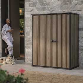 Dulap exterior gradina, din compozit DecoCoat, pentru unelte si accesorii, maro venetian, 2 rafturi, Keter Signature, 140 x 736 x 1704 cm, cu podea, 2 usi, 1400 L, rezistent la intemperii