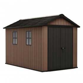 Casuta de gradina, Keter, maro, colectie Newton Plus, 9x7.5, podea, ventilatie, usa dubla, intrare laterala, ransforsare metalica, 230x287x246 cm