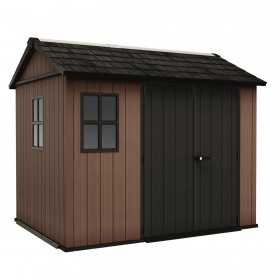 Casuta de gradina, Keter, maro, colectie Newton Plus, 9x7.5, podea, ventilatie, usa dubla, intrare laterala, ransforsare metalica, 230x287x246 cm