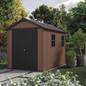 Casuta de gradina, Keter, maro, colectie Newton Plus, 9x7.5, podea, ventilatie, usa dubla, intrare laterala, ransforsare metalica, 230x287x246 cm