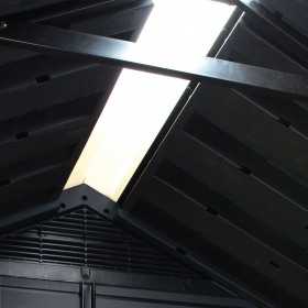 Casuta de gradina, Keter, maro, colectie Newton Plus, 11x7.5, podea, ventilatie, usa dubla, intrare laterala, structura metalica, 230x350x246 cm