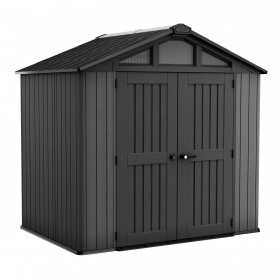 Casuta de gradina, Keter, Gri, colectie Stronghold, 8x6, material Evotech, usa dubla, podea, ventilatie, ranforsare metalica, 254x172.7x220 cm