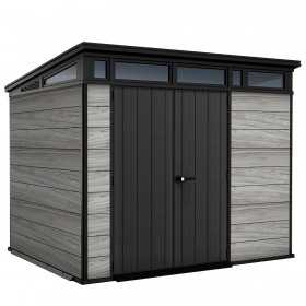 Casuta de gradina, Keter, gri, 9x7, colectie Deco Pent Signature, usa dubla, ferestre, ventilatie, ranforsare metalica