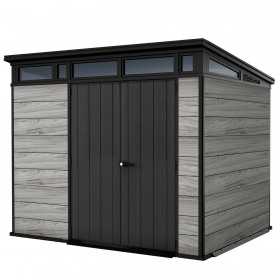 Casuta de gradina, Keter, gri, 9x7, colectie Deco Pent Signature, usa dubla, ferestre, ventilatie, ranforsare metalica
