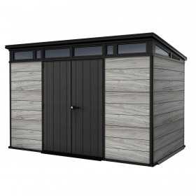Casuta de gradina, Keter, Gri, 11x7, colectie Deco Pent Signature, usa dubla, ferestre, ventilatie, ranforsare metalica