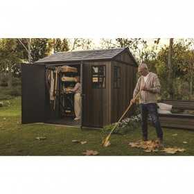 Casuta de gradina, Keter, maro nuc, 287x230x246 cm, colectie Apex 7.5x9/9x7.5, cu doua optiuni de asamblare, usa dubla, ferestre, ventilatie