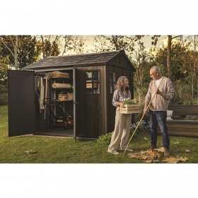 Casuta de gradina, Keter, maro nuc, 287x230x246 cm, colectie Apex 7.5x9/9x7.5, cu doua optiuni de asamblare, usa dubla, ferestre, ventilatie