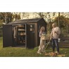 Casuta de gradina, Keter, maro nuc, 287x230x246 cm, colectie Apex 7.5x9/9x7.5, cu doua optiuni de asamblare, usa dubla, ferestre, ventilatie Usa dubla, Ferestre, Ventilatie, Polipropilena, 165 kg, Apex