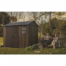 Casuta de gradina, Keter, maro nuc, 287x230x246 cm, colectie Apex 7.5x9/9x7.5, cu doua optiuni de asamblare, usa dubla, ferestre, ventilatie