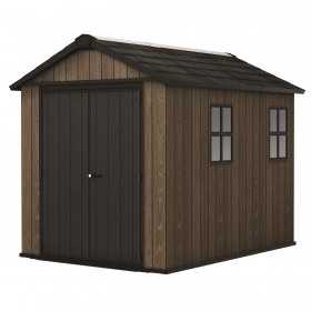 Casuta de gradina, Keter, maro nuc, 287x230x246 cm, colectie Apex 7.5x9/9x7.5, cu doua optiuni de asamblare, usa dubla, ferestre, ventilatie