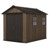 Casuta de gradina, Keter, maro nuc, 287x230x246 cm, colectie Apex 7.5x9/9x7.5, cu doua optiuni de asamblare, usa dubla, ferestre, ventilatie Usa dubla, Ferestre, Ventilatie, Polipropilena, 165 kg, Apex