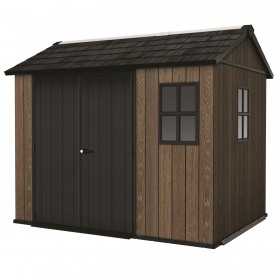 Casuta de gradina, Keter, maro nuc, 287x230x246 cm, colectie Apex 7.5x9/9x7.5, cu doua optiuni de asamblare, usa dubla, ferestre, ventilatie