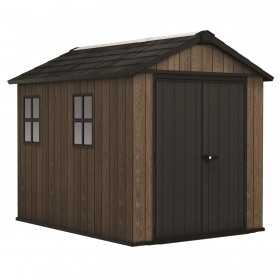 Casuta de gradina, Keter, maro nuc, 287x230x246 cm, colectie Apex 7.5x9/9x7.5, cu doua optiuni de asamblare, usa dubla, ferestre, ventilatie
