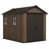 Casuta de gradina, Keter, maro nuc, 287x230x246 cm, colectie Apex 7.5x9/9x7.5, cu doua optiuni de asamblare, usa dubla, ferestre, ventilatie Usa dubla, Ferestre, Ventilatie, Polipropilena, 165 kg, Apex