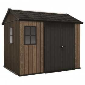 Casuta de gradina, Keter, maro nuc, 287x230x246 cm, colectie Apex 7.5x9/9x7.5, cu doua optiuni de asamblare, usa dubla, ferestre, ventilatie