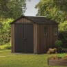 Casuta de gradina, Keter, maro nuc, 287x230x246 cm, colectie Apex 7.5x9/9x7.5, cu doua optiuni de asamblare, usa dubla, ferestre, ventilatie Usa dubla, Ferestre, Ventilatie, Polipropilena, 165 kg, Apex