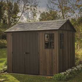 Casuta de gradina, Keter, maro nuc, 287x230x246 cm, colectie Apex 7.5x9/9x7.5, cu doua optiuni de asamblare, usa dubla, ferestre, ventilatie