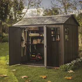 Casuta de gradina, Keter, maro nuc, 287x230x246 cm, colectie Apex 7.5x9/9x7.5, cu doua optiuni de asamblare, usa dubla, ferestre, ventilatie
