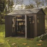 Casuta de gradina, Keter, maro nuc, 287x230x246 cm, colectie Apex 7.5x9/9x7.5, cu doua optiuni de asamblare, usa dubla, ferestre, ventilatie Usa dubla, Ferestre, Ventilatie, Polipropilena, 165 kg, Apex