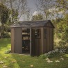 Casuta de gradina, Keter, maro nuc, 287x230x246 cm, colectie Apex 7.5x9/9x7.5, cu doua optiuni de asamblare, usa dubla, ferestre, ventilatie Usa dubla, Ferestre, Ventilatie, Polipropilena, 165 kg, Apex