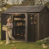 Casuta de gradina, Keter, maro nuc, 287x230x246 cm, colectie Apex 7.5x9/9x7.5, cu doua optiuni de asamblare, usa dubla, ferestre, ventilatie Usa dubla, Ferestre, Ventilatie, Polipropilena, 165 kg, Apex