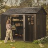 Casuta de gradina, Keter, maro nuc, 287x230x246 cm, colectie Apex 7.5x9/9x7.5, cu doua optiuni de asamblare, usa dubla, ferestre, ventilatie Usa dubla, Ferestre, Ventilatie, Polipropilena, 165 kg, Apex