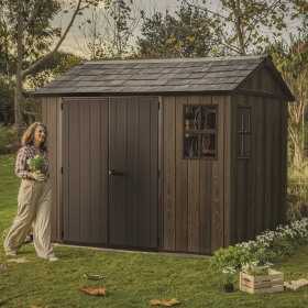Casuta de gradina, Keter, maro nuc, 287x230x246 cm, colectie Apex 7.5x9/9x7.5, cu doua optiuni de asamblare, usa dubla, ferestre, ventilatie