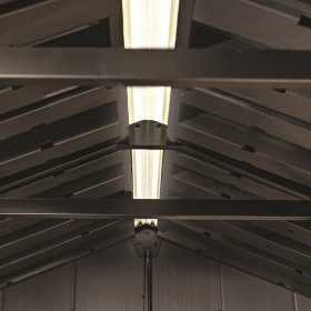 Casuta de gradina, Keter, maro nuc, 287x230x246 cm, colectie Apex 7.5x9/9x7.5, cu doua optiuni de asamblare, usa dubla, ferestre, ventilatie