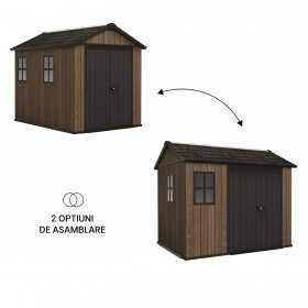 Casuta de gradina, Keter, maro nuc, 287x230x246 cm, colectie Apex 7.5x9/9x7.5, cu doua optiuni de asamblare, usa dubla, ferestre, ventilatie
