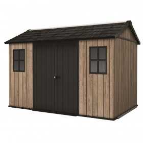 Casuta de gradina, Keter, bej, 350x230x246 cm, colectie Apex 7.5x11/11x7.5, cu doua optiuni de asamblare, usa dubla, ferestre, ventilatie