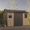 Casuta de gradina, Keter, bej, 350x230x246 cm, colectie Apex 7.5x11/11x7.5, cu doua optiuni de asamblare, usa dubla, ferestre, ventilatie Usa dubla, Ferestre, Ventilatie, Polipropilena, 185 kg, Apex