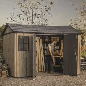 Casuta de gradina, Keter, bej, 350x230x246 cm, colectie Apex 7.5x11/11x7.5, cu doua optiuni de asamblare, usa dubla, ferestre, ventilatie