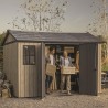 Casuta de gradina, Keter, bej, 350x230x246 cm, colectie Apex 7.5x11/11x7.5, cu doua optiuni de asamblare, usa dubla, ferestre, ventilatie Usa dubla, Ferestre, Ventilatie, Polipropilena, 185 kg, Apex