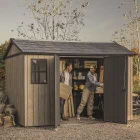 Casuta de gradina, Keter, bej, 350x230x246 cm, colectie Apex 7.5x11/11x7.5, cu doua optiuni de asamblare, usa dubla, ferestre, ventilatie