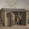 Casuta de gradina, Keter, bej, 350x230x246 cm, colectie Apex 7.5x11/11x7.5, cu doua optiuni de asamblare, usa dubla, ferestre, ventilatie Usa dubla, Ferestre, Ventilatie, Polipropilena, 185 kg, Apex
