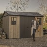 Casuta de gradina, Keter, bej, 350x230x246 cm, colectie Apex 7.5x11/11x7.5, cu doua optiuni de asamblare, usa dubla, ferestre, ventilatie Usa dubla, Ferestre, Ventilatie, Polipropilena, 185 kg, Apex